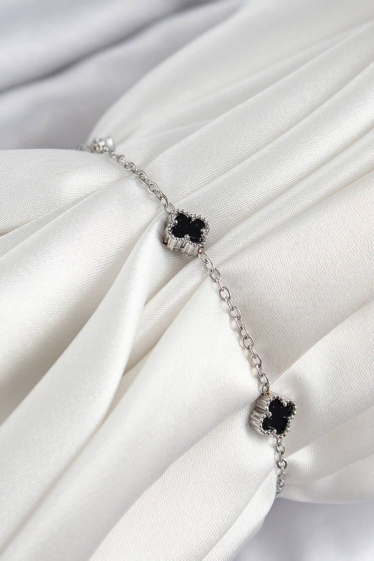 316l Steel Black Pearl Clover Pattern Silver Color Women Bracelet - Brand: Ebijuteri - Women's Clothing Wholesale - Globality Store