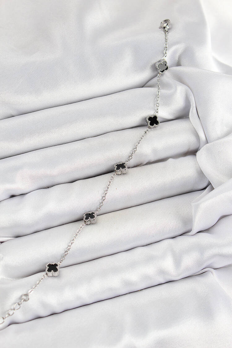 316l Steel Black Pearl Clover Pattern Silver Color Women Bracelet