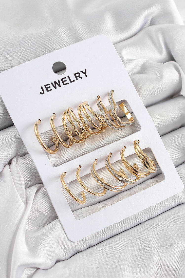 Brass Mixed Ring Model Gold Color 6 Pair Women Earrings Set - Brand: Ebijuteri - Women's Clothing Wholesale - Globality Store