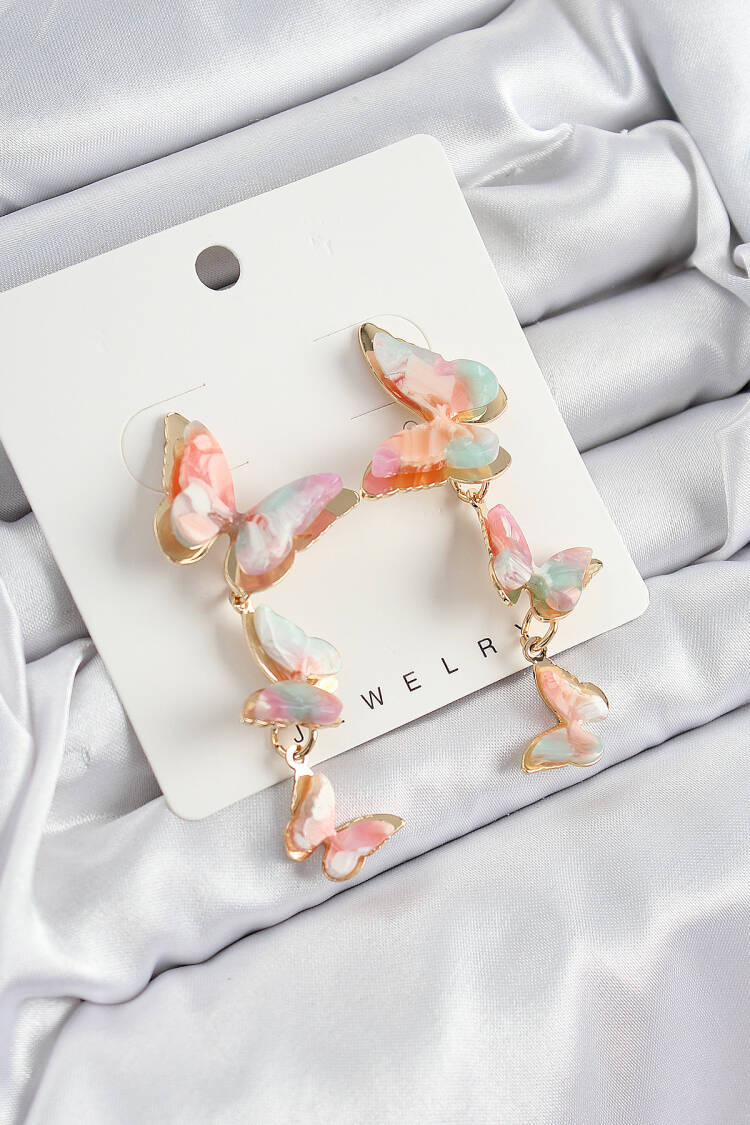 Brass Pearl Swinging Marble Pattern Butterfly Pattern Gold Color Vintage Women Earrings - Brand: Ebijuteri - Women's Clothing Wholesale - Globality Store