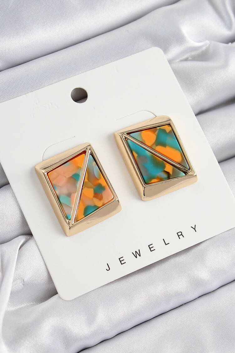 Brass Orange Green Triangle Cut Detailed Square Pattern Vintage Gold Color Women's Earrings - Brand: Ebijuteri - Women's Clothing Wholesale - Globality Store