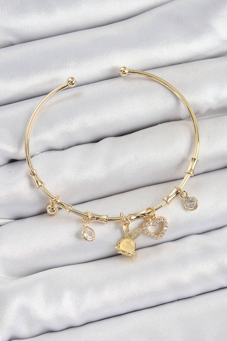 Brass Zircon Stone Rabbit And Heart Pattern Gold Color Charm Bracelet - Brand: Ebijuteri - Women's Clothing Wholesale - Globality Store