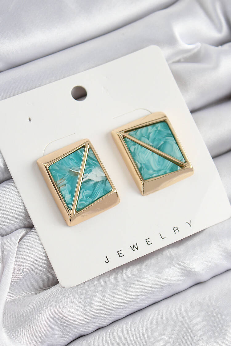 Brass Turquoise Triangle Cut Detailed Square Pattern Vintage Gold Color Women's Earrings - Brand: Ebijuteri - Women's Clothing Wholesale - Globality Store