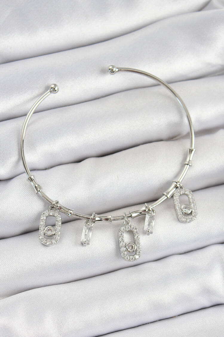 Brass Zircon Stone Rectangle Pattern Silver Color Charm Bracelet - Brand: Ebijuteri - Women's Clothing Wholesale - Globality Store