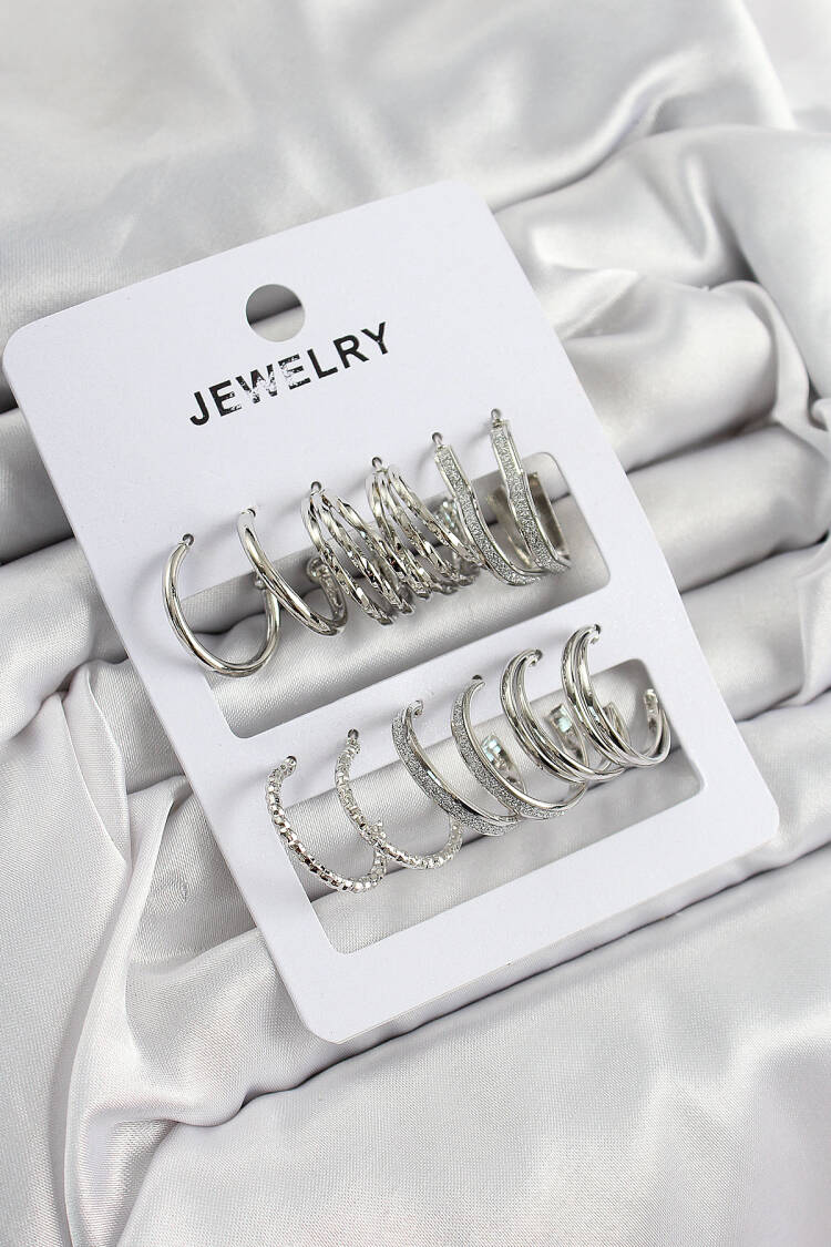 Brass Mixed Ring Pattern Silver Color 6 Pair Women Earrings Set - Brand: Ebijuteri - Women's Clothing Wholesale - Globality Store
