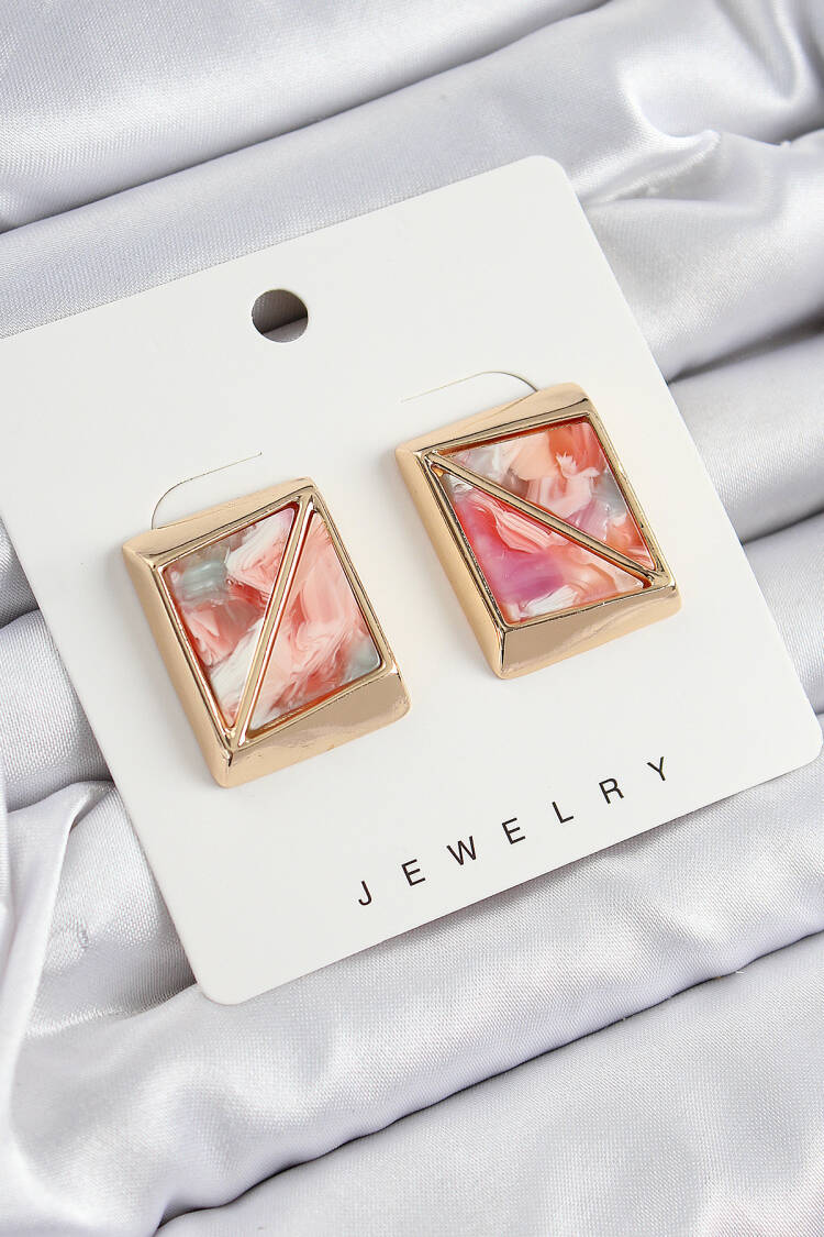 Brass Pink Triangle Cut Detailed Square Pattern Vintage Gold Color Women's Earrings - Brand: Ebijuteri - Women's Clothing Wholesale - Globality Store