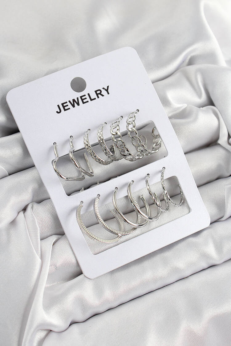 Brass Mixed Ring Pattern Silver Color 6 Pair Women Earrings Set - Brand: Ebijuteri - Women's Clothing Wholesale - Globality Store