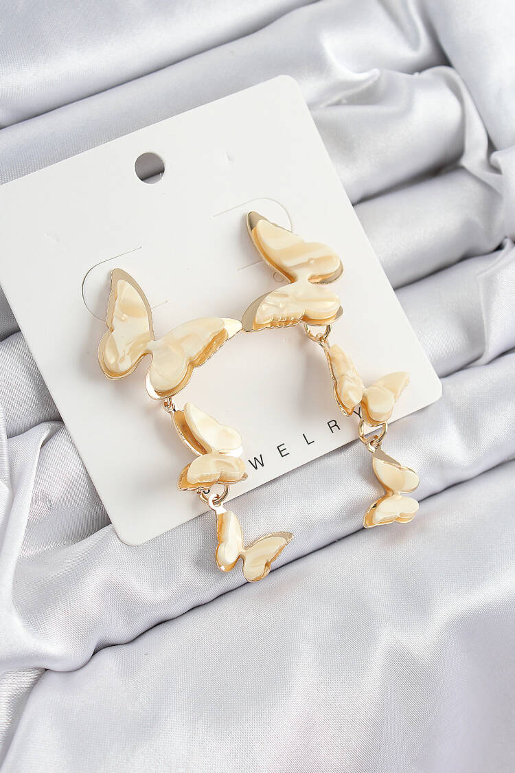 Brass Pearl Swinging Marble Pattern Butterfly Pattern Gold Color Vintage Women Earrings - Brand: Ebijuteri - Women's Clothing Wholesale - Globality Store