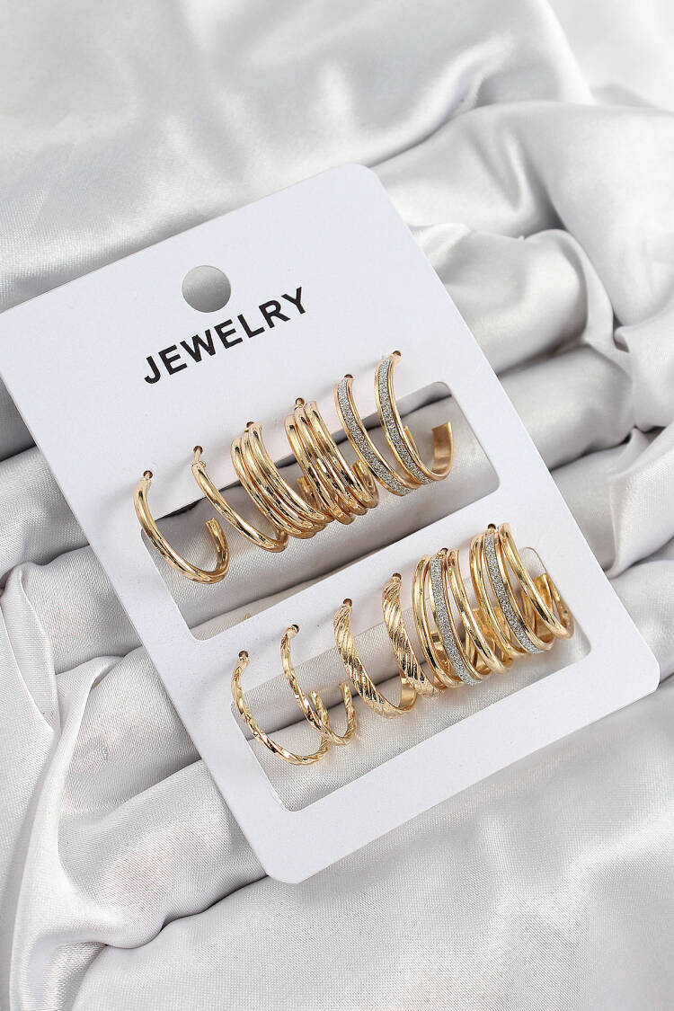 Brass Mixed Ring Model Gold Color 6 Pair Women Earrings Set - Brand: Ebijuteri - Women's Clothing Wholesale - Globality Store