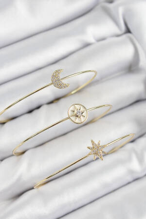 Brass Zircon Stone Moon And Polar Star Model Gold Color Vip 3 Piece Women Bracelet - Brand: Ebijuteri - Women's Clothing Wholesale - Globality Store
