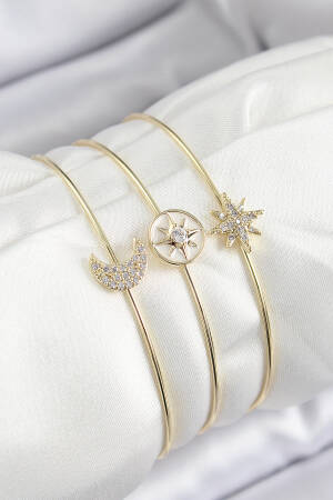 Brass Zircon Stone Moon And Polar Star Model Gold Color Vip 3 Piece Women Bracelet - Brand: Ebijuteri - Women's Clothing Wholesale - Globality Store