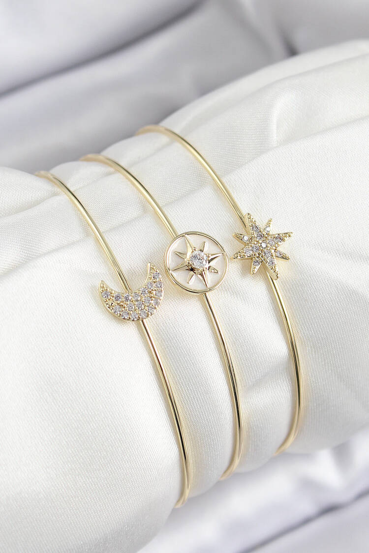 Brass Zircon Stone Moon And Polar Star Model Gold Color Vip 3 Piece Women Bracelet - Brand: Ebijuteri - Women's Clothing Wholesale - Globality Store