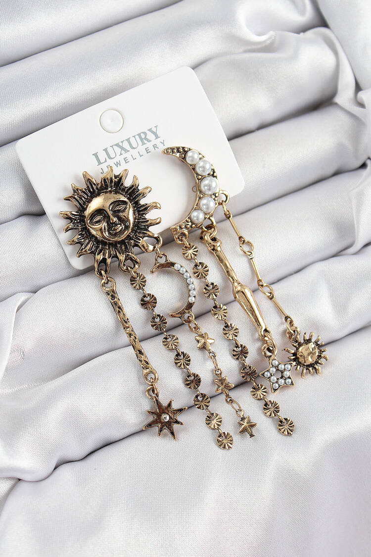 Brass Zircon Stone Sun And Moon Figured Aging Pattern Rocking Earrings - Brand: Ebijuteri - Women's Clothing Wholesale - Globality Store