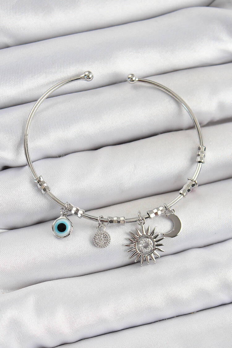 Brass Zircon Stone Sun Moon And Evil Eye Pattern Silver Color Charm Bracelet - Brand: Ebijuteri - Women's Clothing Wholesale - Globality Store
