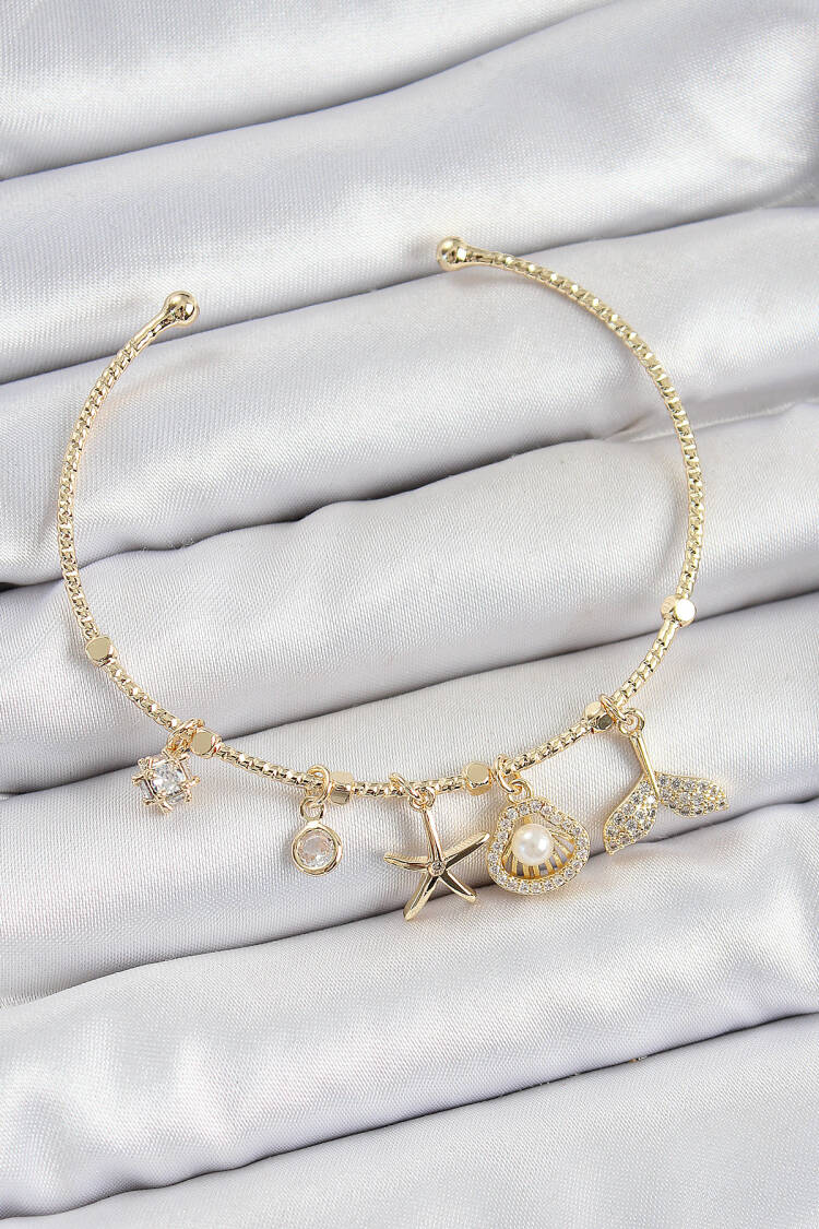 Brass Zircon Stone Oyster And Starfish Pattern Gold Color Charm Bracelet - Brand: Ebijuteri - Women's Clothing Wholesale - Globality Store