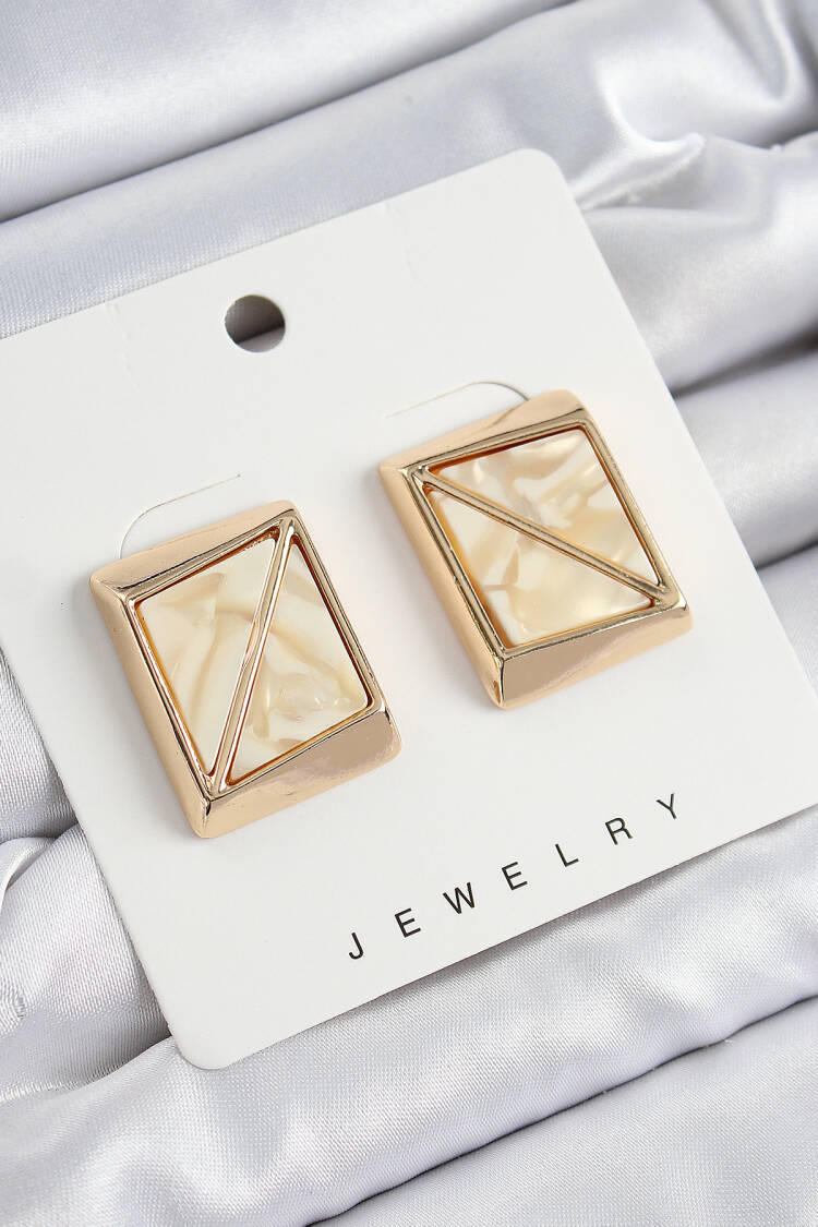 Brass Cream Triangle Cut Detailed Square Pattern Vintage Gold Color Women's Earrings - Brand: Ebijuteri - Women's Clothing Wholesale - Globality Store