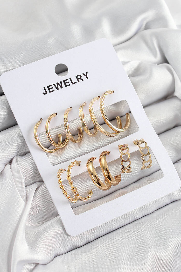 Brass Mixed Ring Model Gold Color 6 Pair Women Earrings Set - Brand: Ebijuteri - Women's Clothing Wholesale - Globality Store