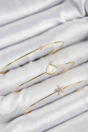 Brass Zircon Stone Oyster And Starfish Model Gold Color Vip 3 Piece Women Bracelet - Brand: Ebijuteri - Women's Clothing Wholesale - Globality Store