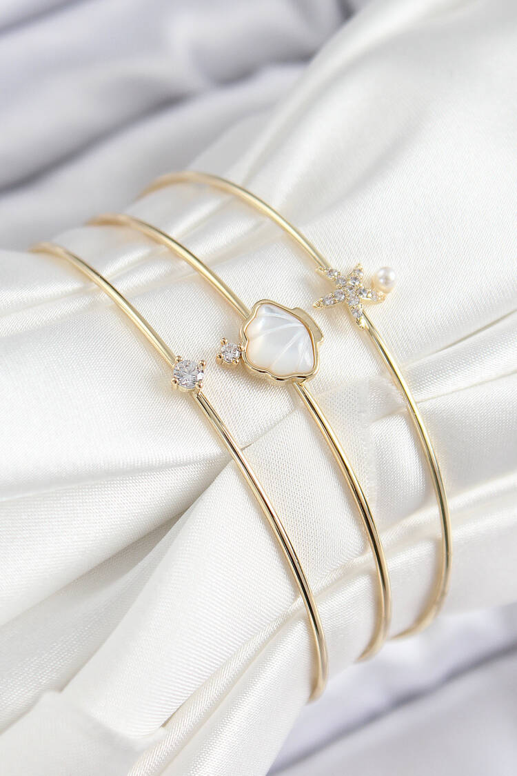 Brass Zircon Stone Oyster And Starfish Model Gold Color Vip 3 Piece Women Bracelet - Brand: Ebijuteri - Women's Clothing Wholesale - Globality Store