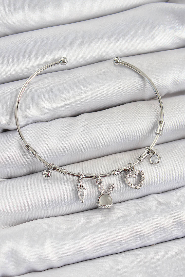 Brass Zircon Stone Rabbit And Heart Pattern Silver Color Charm Bracelet - Brand: Ebijuteri - Women's Clothing Wholesale - Globality Store