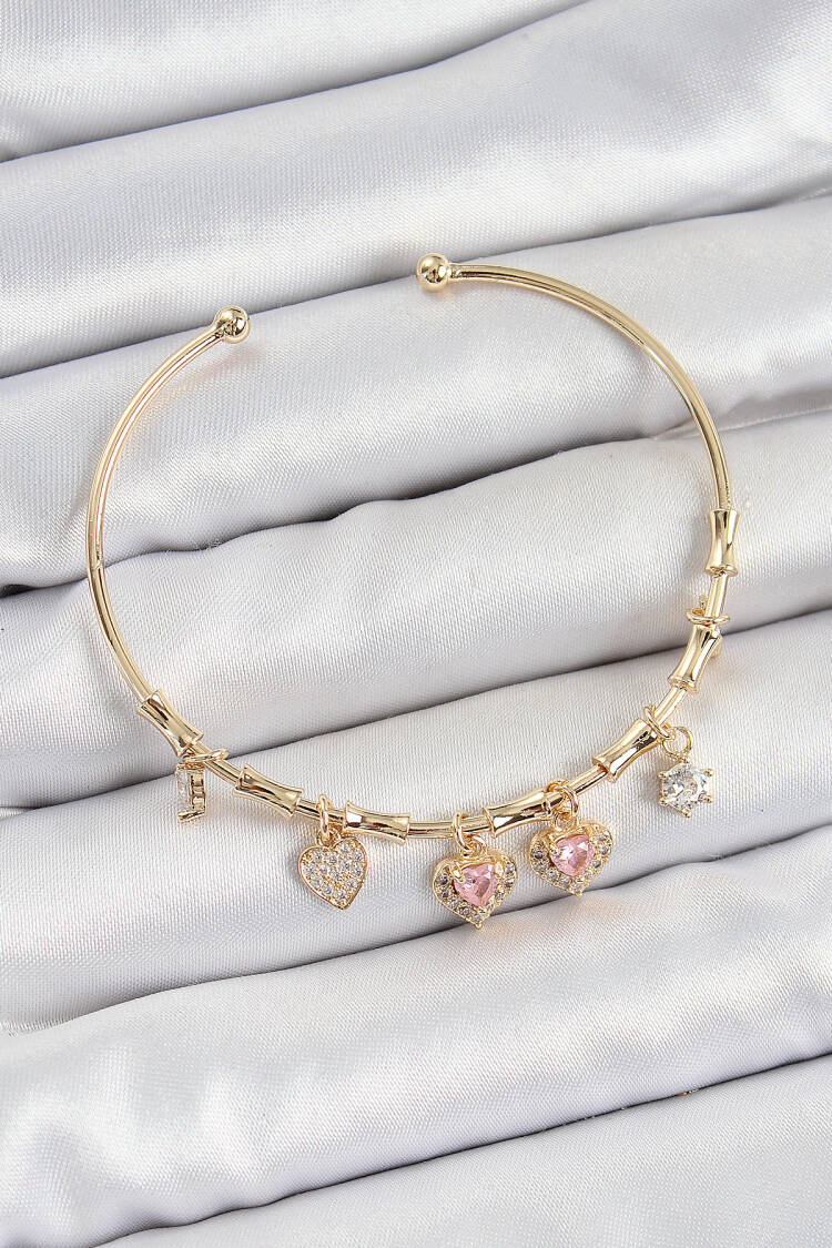 Pink Heart Model Gold Color Charm Bracelet With Brass Zircon Stone - Brand: Ebijuteri - Women's Clothing Wholesale - Globality Store