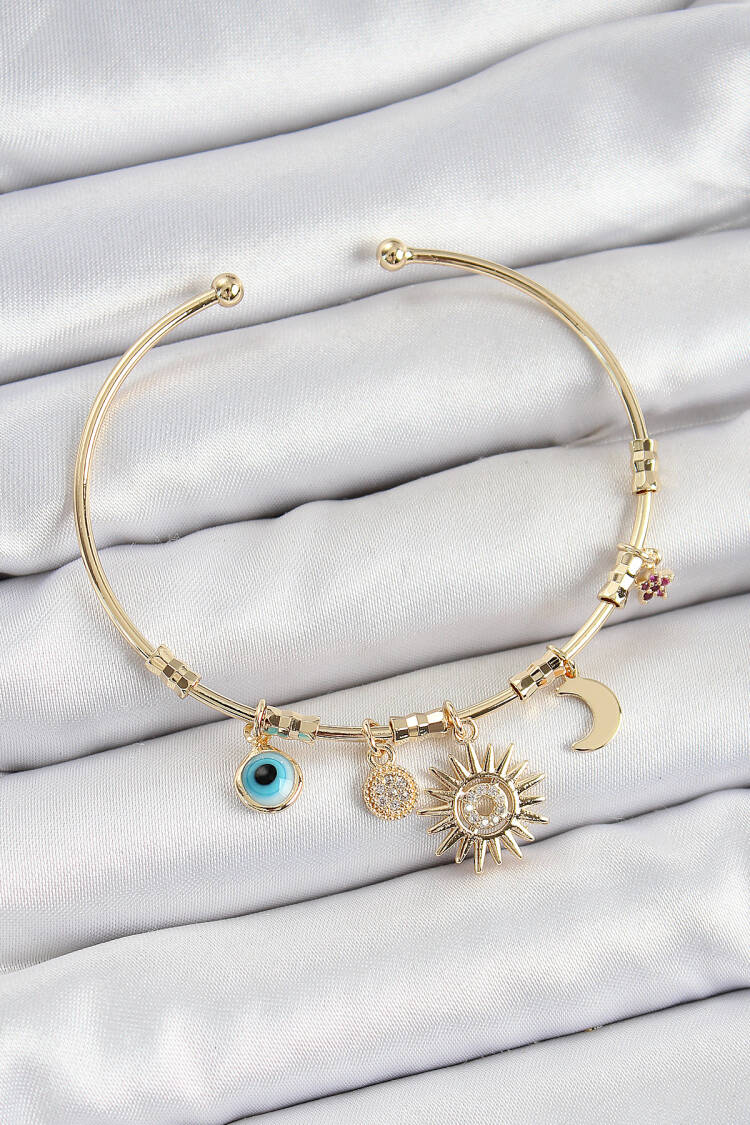 Brass Zircon Stone Sun Moon Evil Eye Model Gold Color Charm Bracelet - Brand: Ebijuteri - Women's Clothing Wholesale - Globality Store