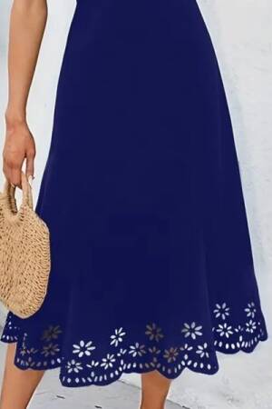 Navy Blue A-Line Floral Midi Dress