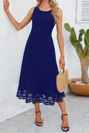 Navy Blue A-Line Floral Midi Dress