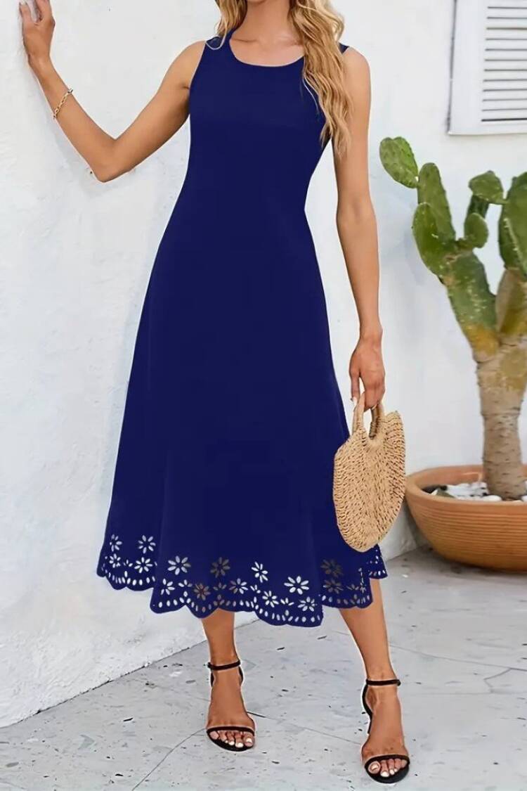 Navy Blue A-Line Floral Midi Dress