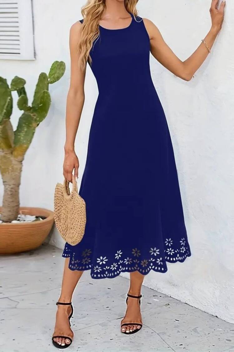 Navy Blue A-Line Floral Midi Dress