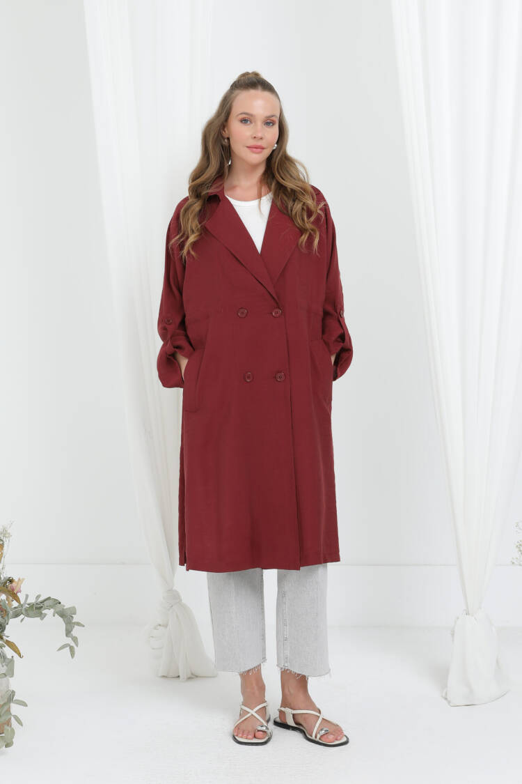 Claret Red Single-Breasted Long Coat - Brand: Puane - Women's Clothing Wholesale - Globality Store