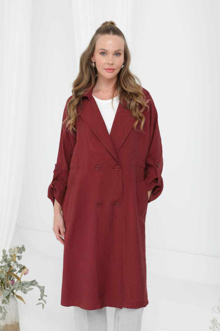 Claret Red Single-Breasted Long Coat