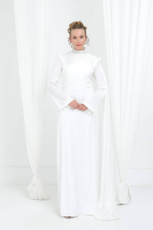 White Elegant A-Line Dress With High Neck - Brand: Puane - Women's Clothing Wholesale - Globality Store