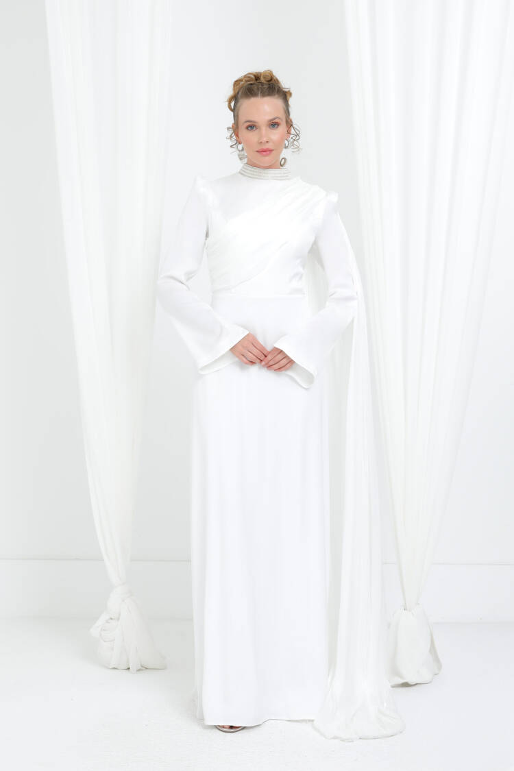 White Elegant A-Line Dress With High Neck - Brand: Puane - Women's Clothing Wholesale - Globality Store