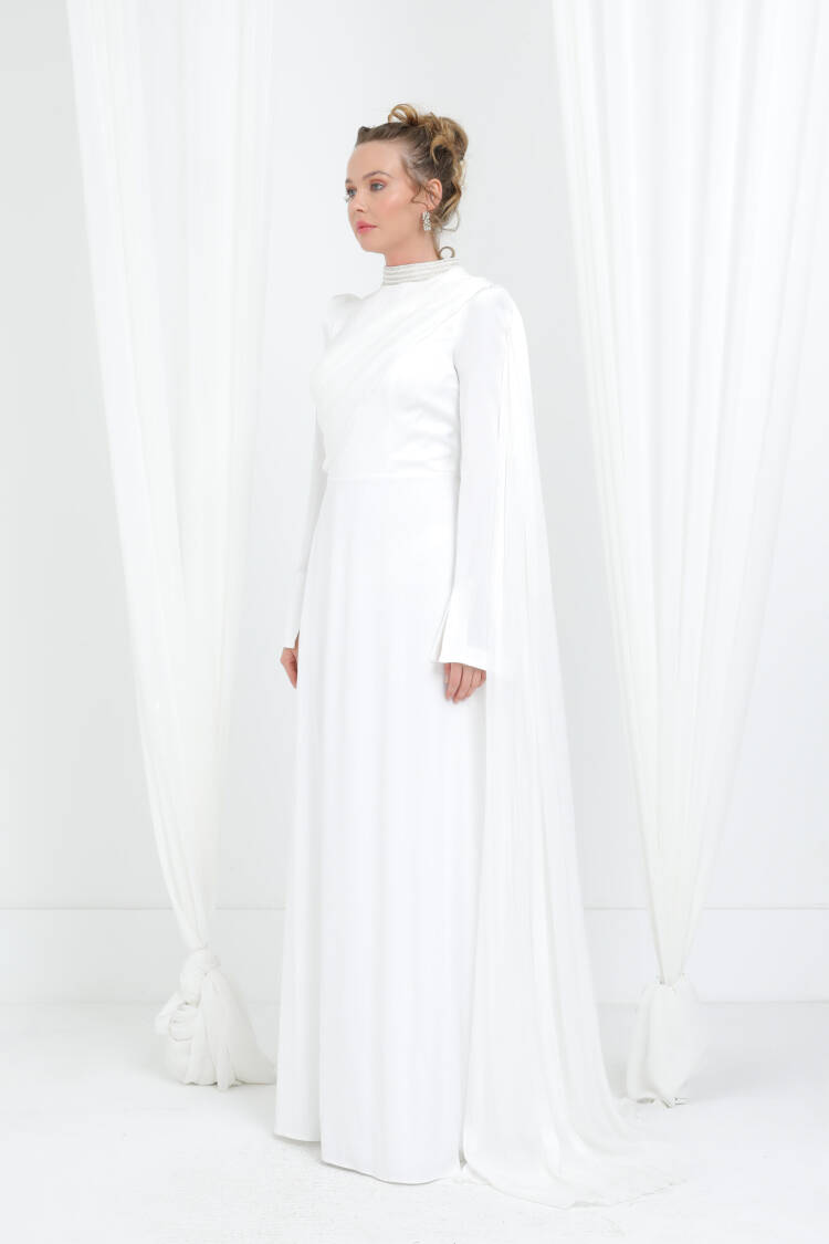 White Elegant A-Line Dress With High Neck