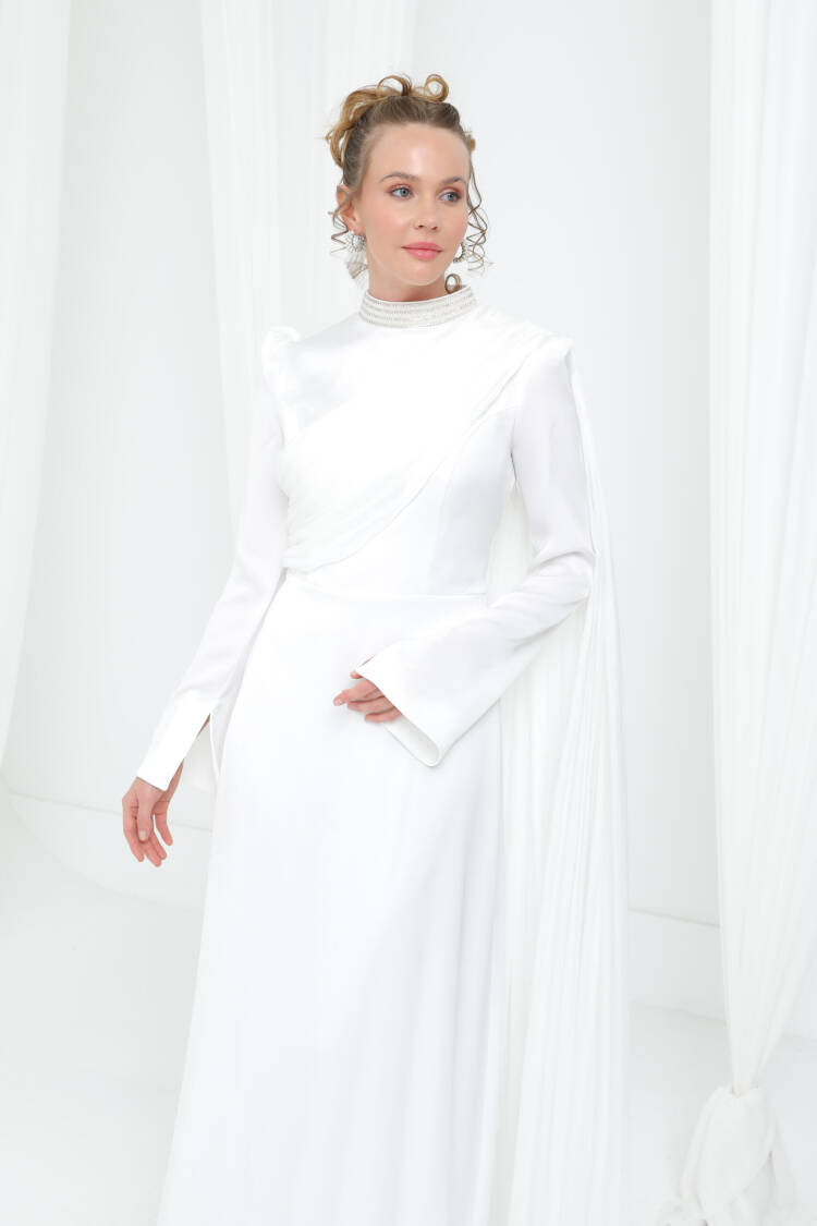 White Elegant A-Line Dress With High Neck