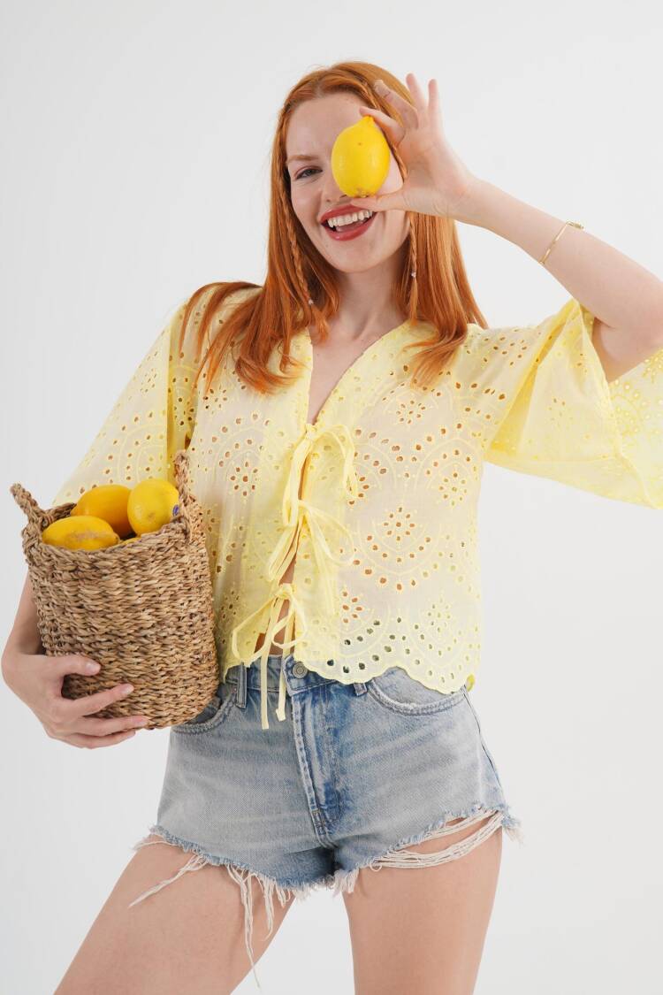 Boho Tie V-Neck Shirt With Bell Sleeves - Brand: Lustrin - Women's Clothing Wholesale - Globality Store