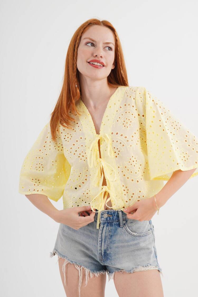 Boho Tie V-Neck Shirt With Bell Sleeves