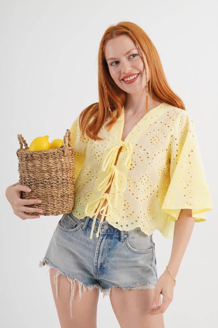 Boho Tie V-Neck Shirt With Bell Sleeves
