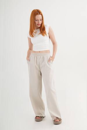 Beige Palazzo Pants With Wide Leg And Slant Pockets - Brand: Lustrin - Women's Clothing Wholesale - Globality Store