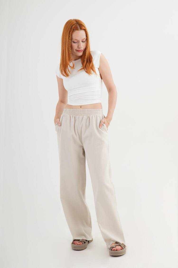 Beige Palazzo Pants With Wide Leg And Slant Pockets - Brand: Lustrin - Women's Clothing Wholesale - Globality Store