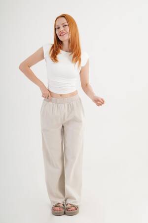 Beige Palazzo Pants With Wide Leg And Slant Pockets - Brand: Lustrin - Women's Clothing Wholesale - Globality Store