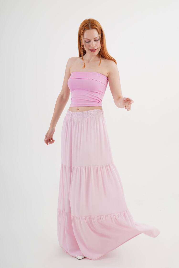 Pink Layered Maxi Skirt Mid Waist Casual Boho