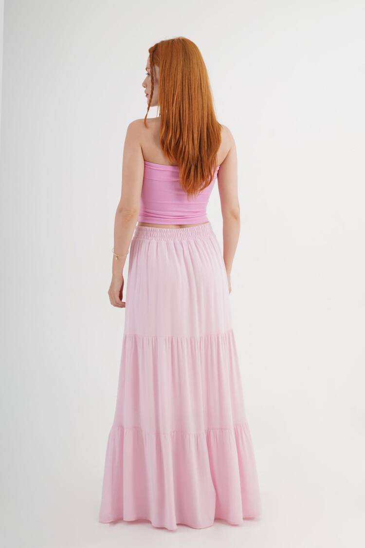 Pink Layered Maxi Skirt Mid Waist Casual Boho