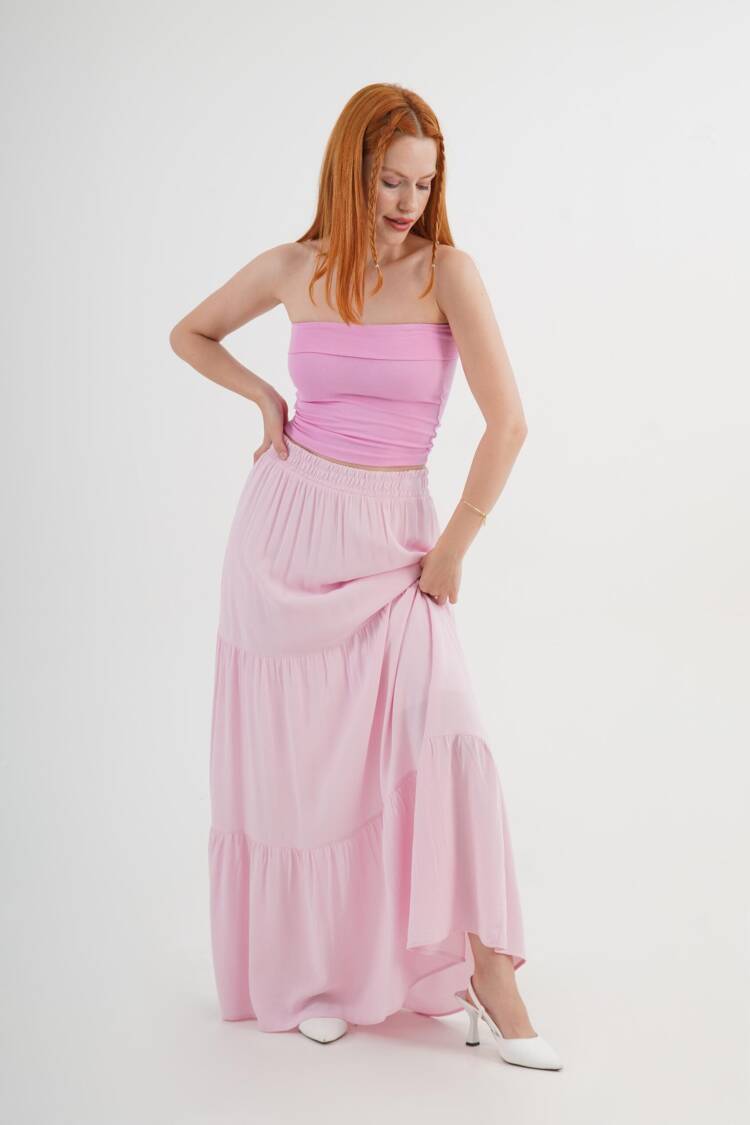 Pink Layered Maxi Skirt Mid Waist Casual Boho - Brand: Lustrin - Women's Clothing Wholesale - Globality Store