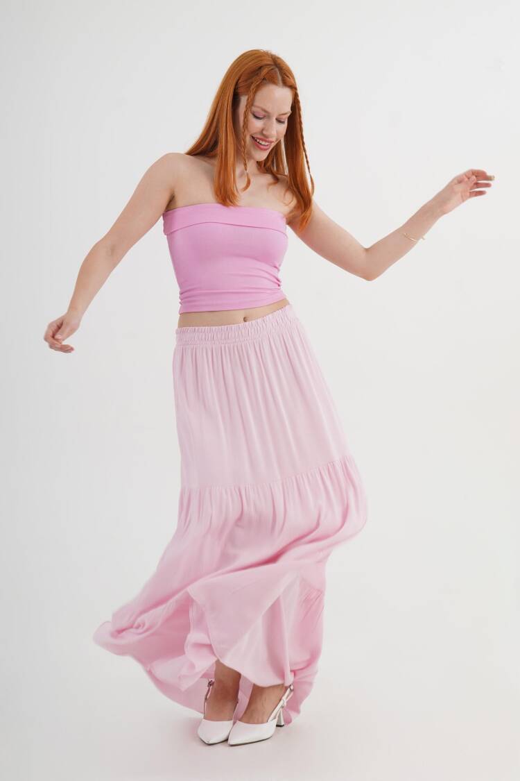 Pink Layered Maxi Skirt Mid Waist Casual Boho