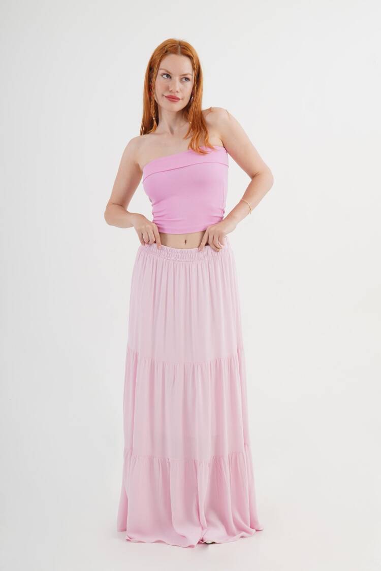Pink Layered Maxi Skirt Mid Waist Casual Boho