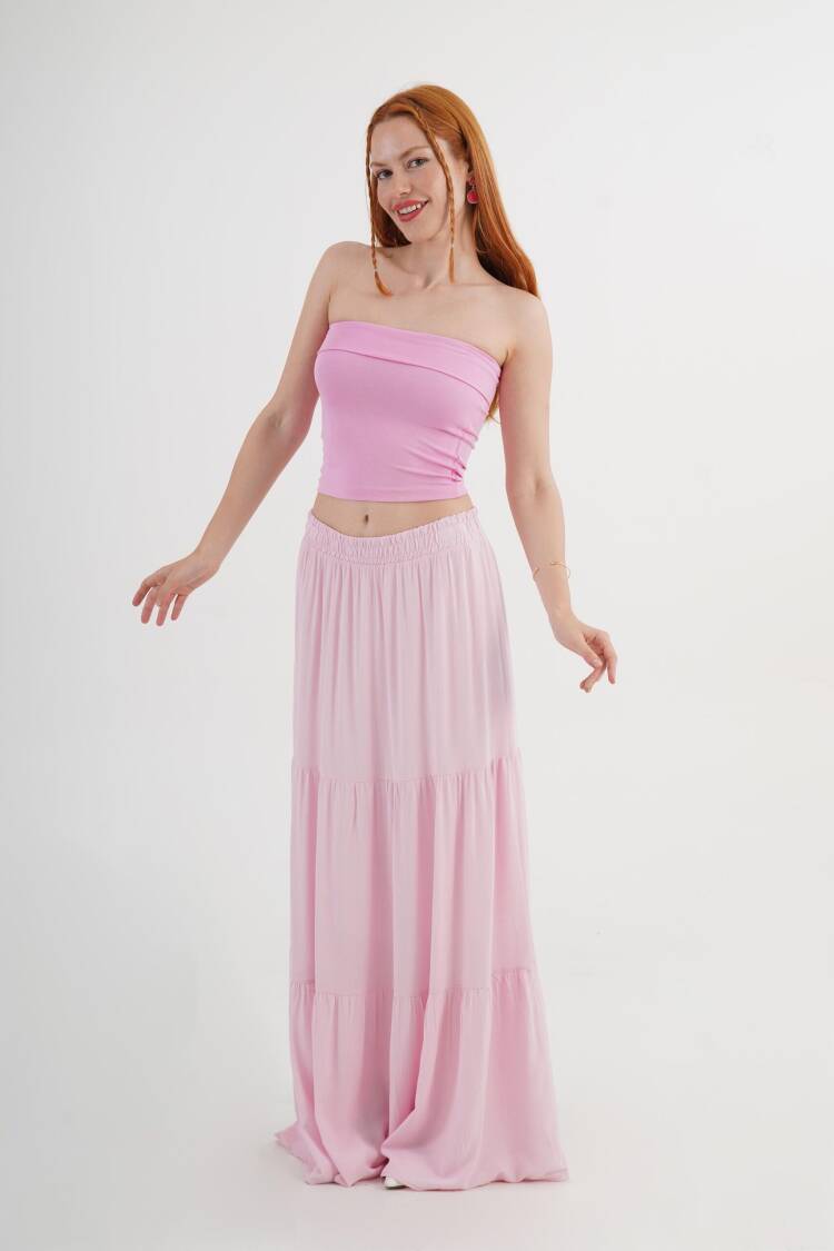 Pink Layered Maxi Skirt Mid Waist Casual Boho