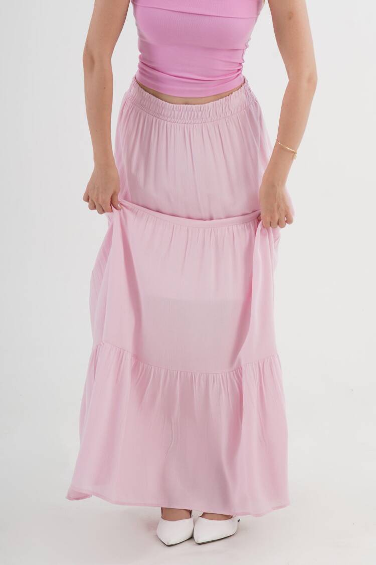 Pink Layered Maxi Skirt Mid Waist Casual Boho