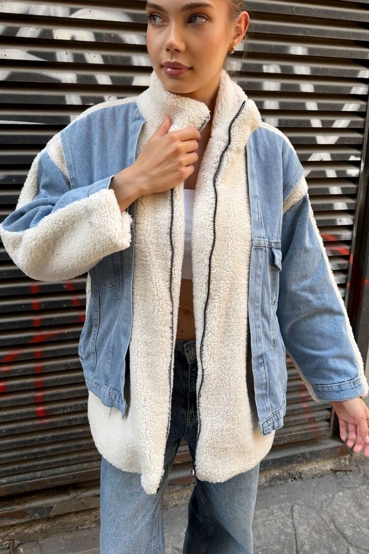 Blue Oversized Fit Shacket Jacket With High Collar